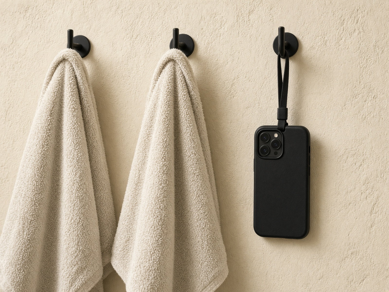 Two cream towels on black hooks, and a black phone hanging alone on a third hook