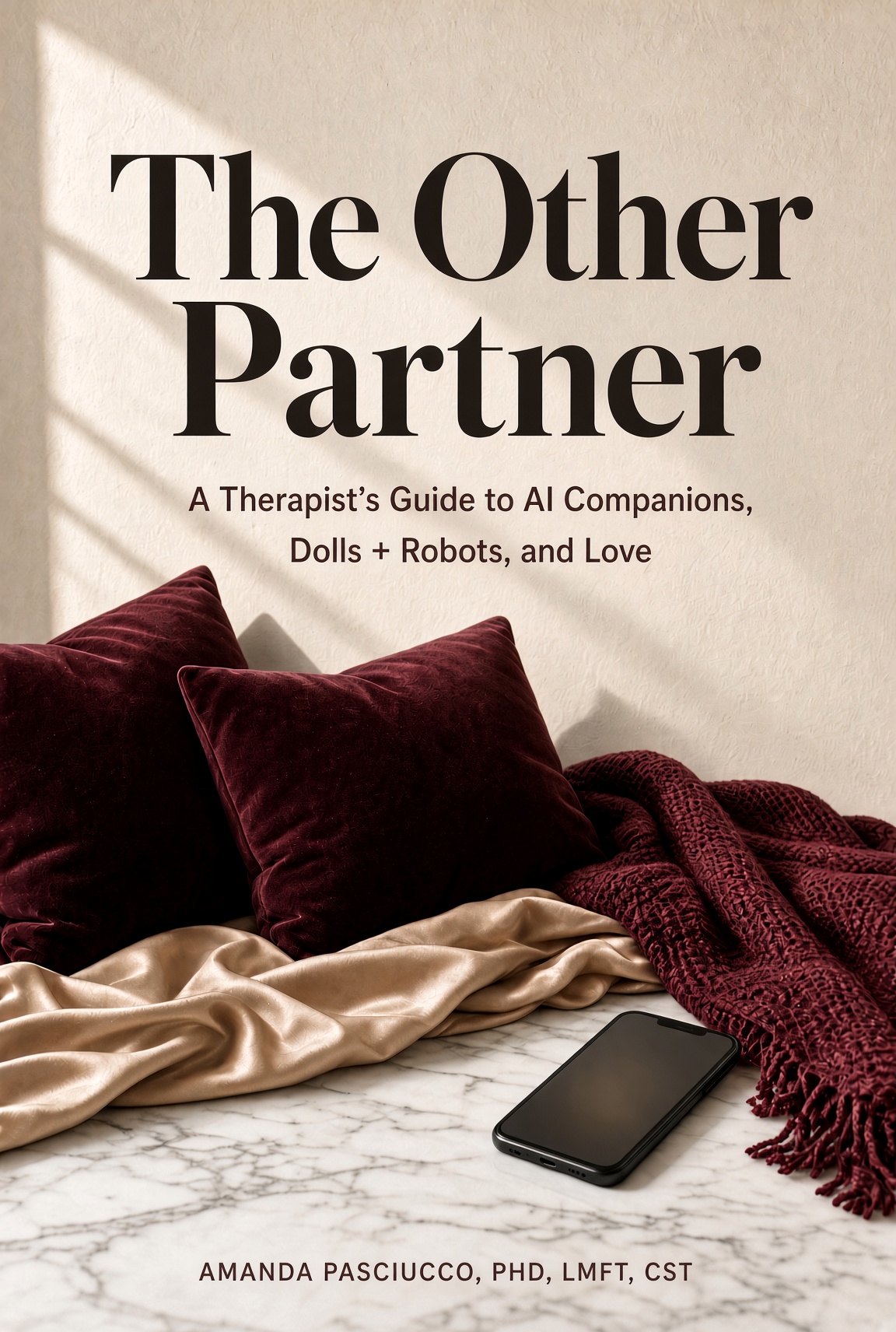 Cover of The Other Partner: burgundy pillows, a knit throw, and a phone face-down on marble
